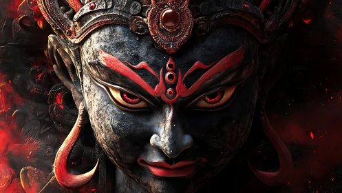 Mythic stone deity rendered in high-contrast digital chiaroscuro