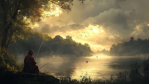 Solitary hooded figure fishing beside misty river at dawn.