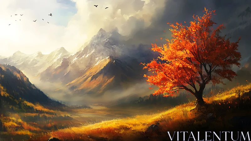 Lone autumn tree glows against dramatic misty mountainscape.