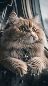 Fluffy cat with striking amber eyes sits in vehicle window