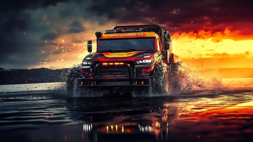 Off-road rally truck powers through wet terrain at sunset