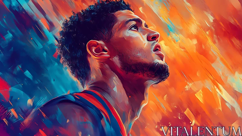 Basketball player portrait in bold orange and blue brushstrokes.