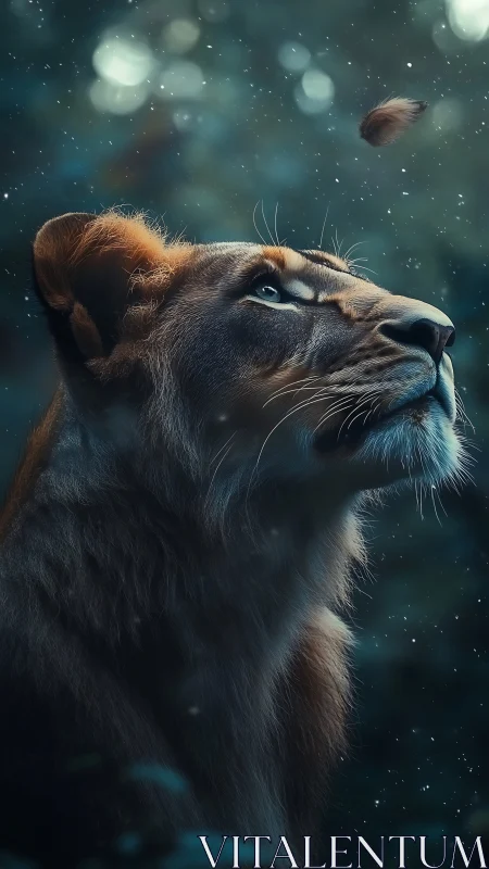 Lioness gazes upward in a dreamy, starlit forest haze