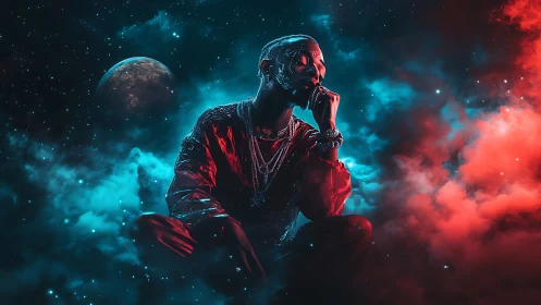 Dreamy cosmic muse surrounded by glowing neon stardust.