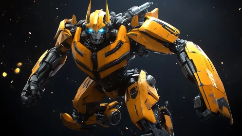 Yellow armored combat robot is rendered in dynamic pose