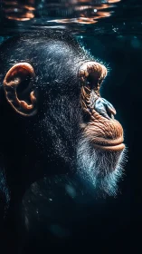 Underwater profile of chimpanzee in side close-up view.