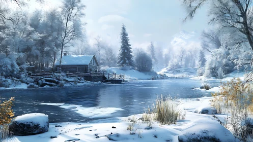 Cabin of hush and frost beside a glassy winter river.