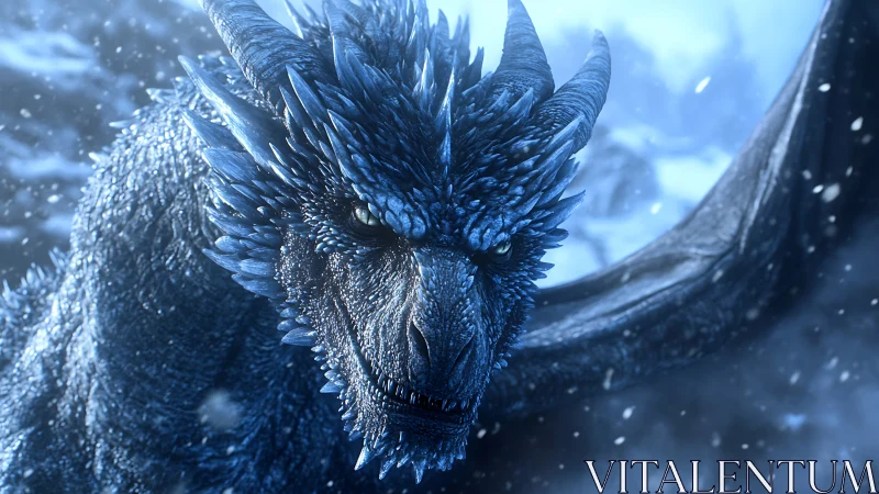 Frostborn dragon gazes through swirling snow with fierce grace