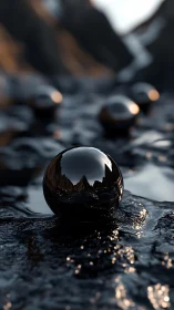 Gleaming metal orbs resting on a dreamy wet landscape.