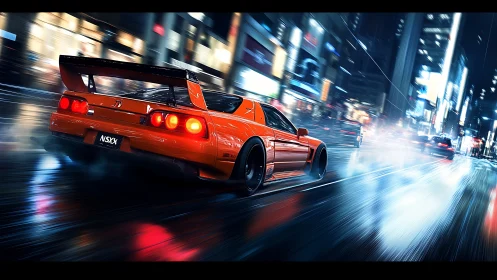 Orange NSX night sprint through neon-soaked city streets.