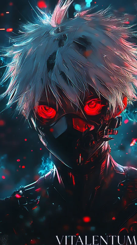 Neon-eyed cyber specter in a storm of electric embers.