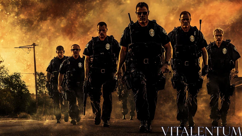 Police officers advance in formation against a backlit orange sky