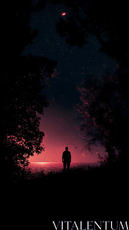 Silhouette observing red horizon under starry night sky.