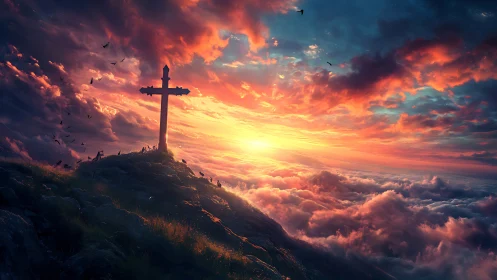 Solitary hilltop cross bathing in storm-torn sunset skies.