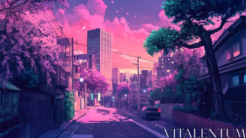 Neon dusk city street glows under pink spring sky