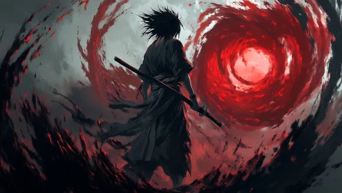 Lone swordsman facing a swirling red energy vortex.