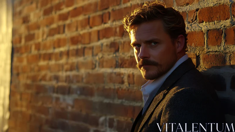 Brooding gaze in sunset shadow against weathered brick wall.