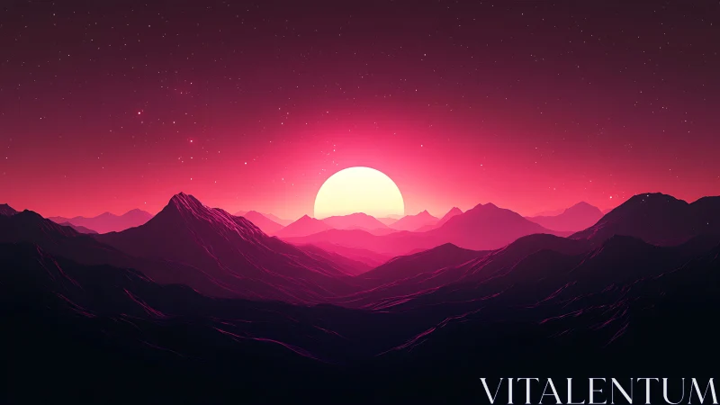 Neon dusk sun sinking behind surreal magenta mountains.
