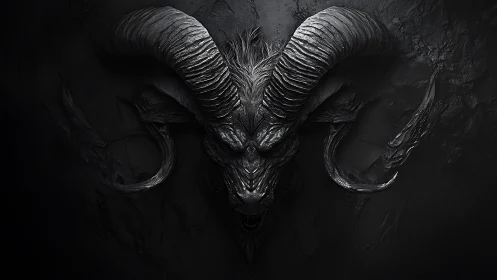 Shadowed horned beast sculpture in stormy charcoal tones.