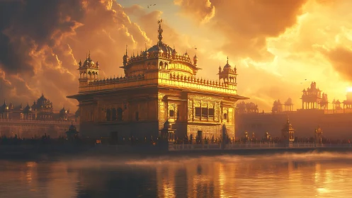 Sun-drenched golden temple adrift in glowing dawn mist.