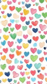 Colorful Hand-Drawn Hearts Fill Cheerful White Space.
