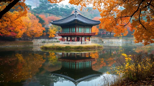 Autumn pavilion dream mirrored in still jade waters.