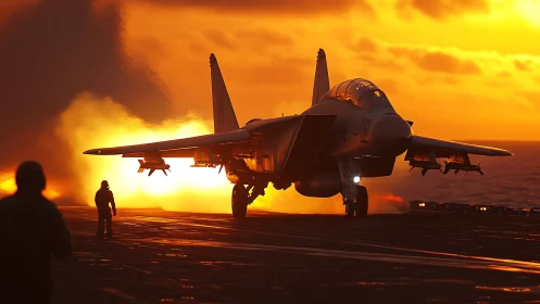 Sunlit fighter jet prepares for launch on glowing sea deck.
