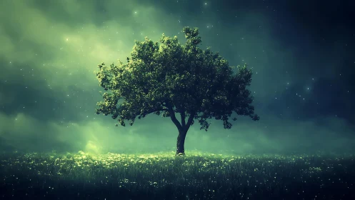 Starlit meadow tree resting gently beneath glowing night.