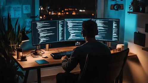Cozy night coder immersed in glowing dual screens at home.