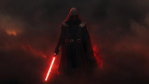 Hooded dark figure stands in smoke holding red energy sword