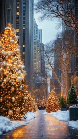 Luminous holiday trees lining a snowy city avenue at dusk.