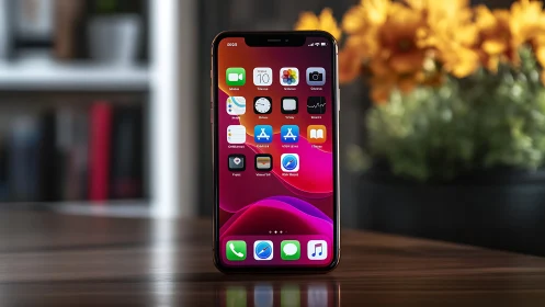 iOS smartphone display with magenta gradient wallpaper and customized application icons