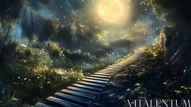Moonlit forest path ascends toward a glowing enchanted sky