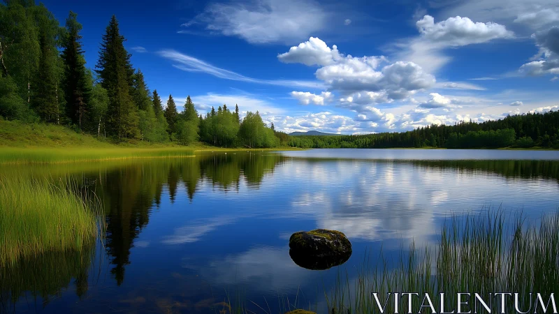 Photorealistic lakeside panorama with mirrored forest reflections.
