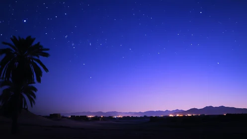 Starry desert horizon glows above distant mountain town.