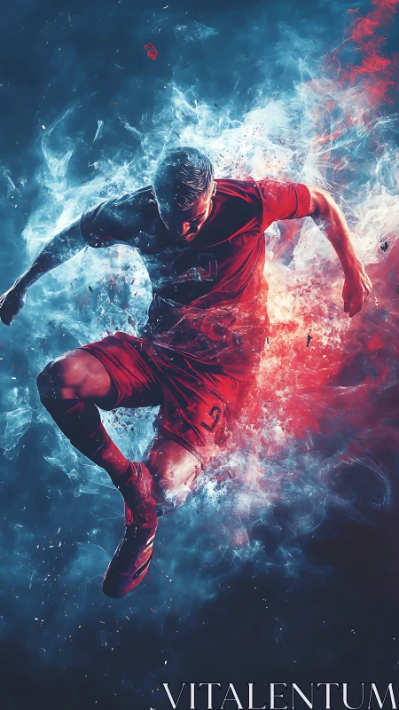 Explosive soccer player bursts forward in glowing blue and red