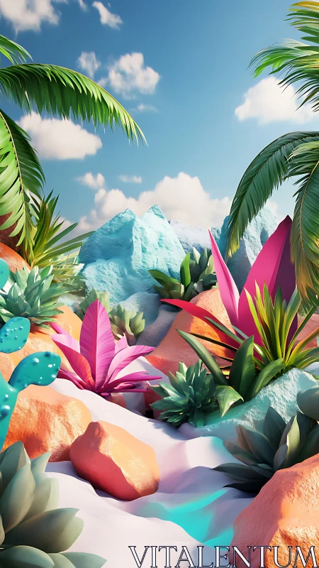 Playful pastel desert oasis glows under a gentle blue sky