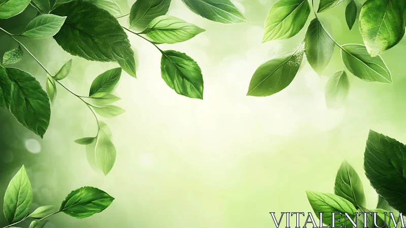 Sunlit green leaves frame soft bokeh forest glow