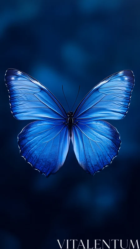 Iridescent blue butterfly on deep bokeh background.