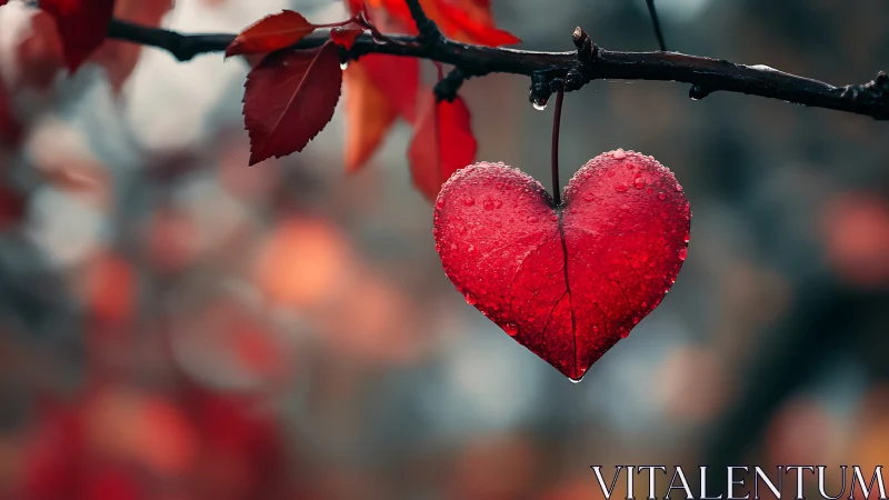 Frost-covered heart-shaped ornament on dark branch with red foliage
