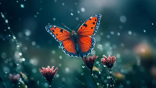 Orange butterfly hovers above wet flowers in shallow focus