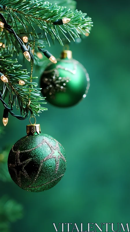 Green glass ornament on lit evergreen branch in focus.