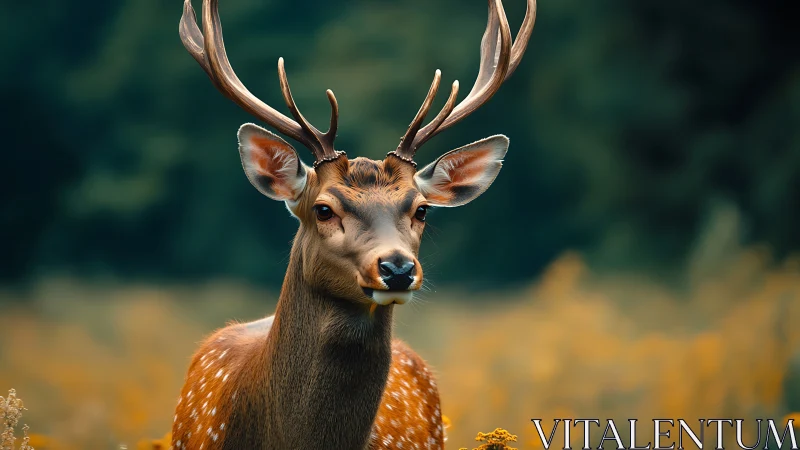 Gentle stag pausing in a golden meadow daydream.