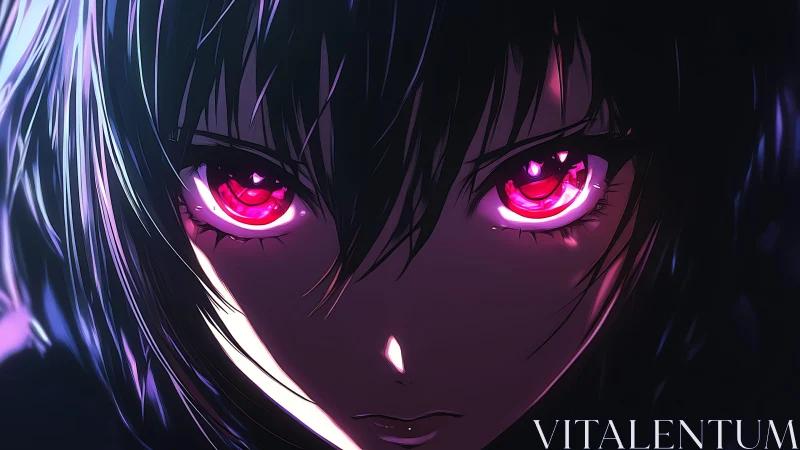 Neon-irradiated anime gaze with hyperluminous crimson irises.