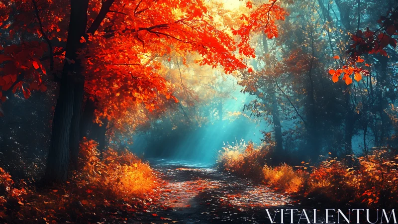 Autumn forest pathway with red foliage and blue atmospheric light