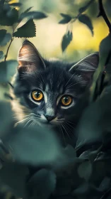 Black Cat with Golden Eyes Peering Through Garden Foliage.