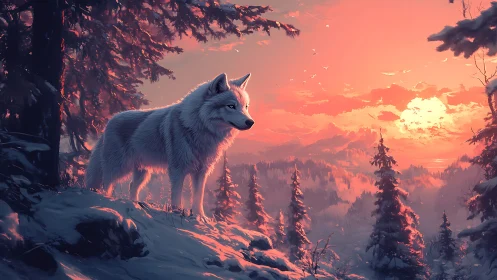 White wolf on snowy ridge under vivid orange sunset sky.