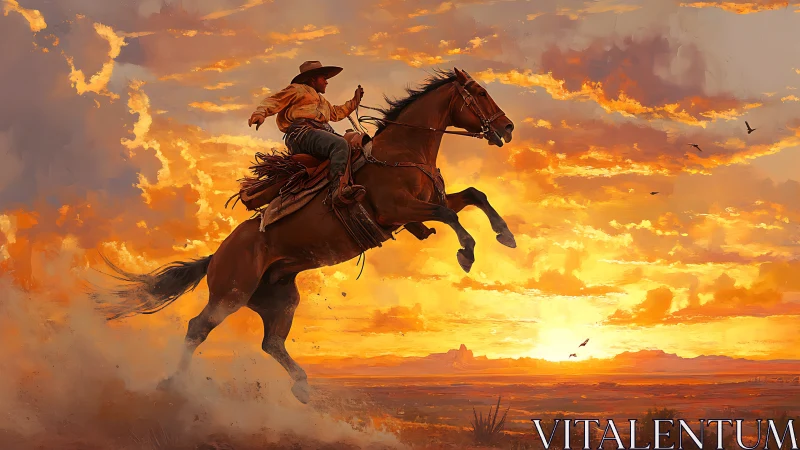 Cowboy on rearing bay horse against blazing desert sunset sky