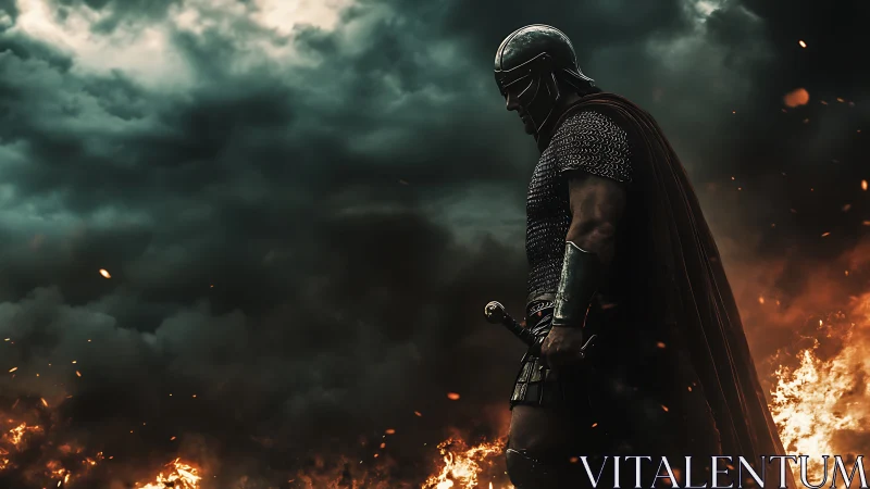 Armored warrior stands amid flames under dense storm clouds