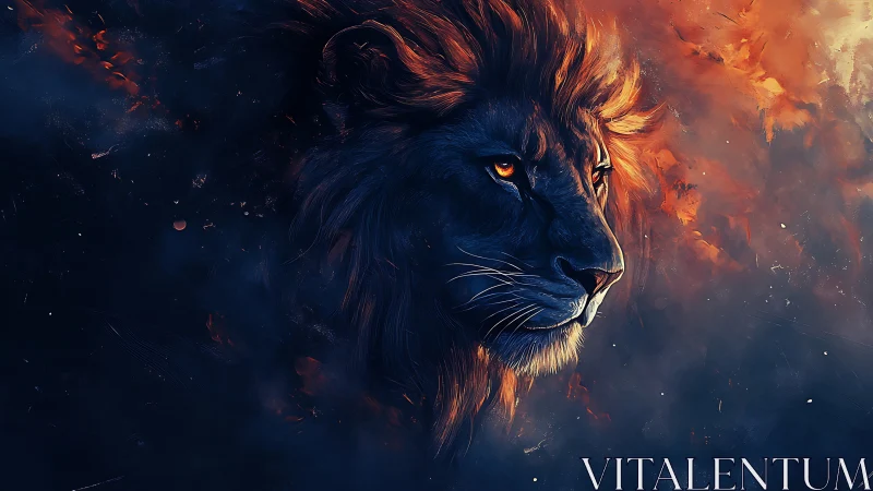 Ember-lit lion portrait emerging from cosmic shadows.
